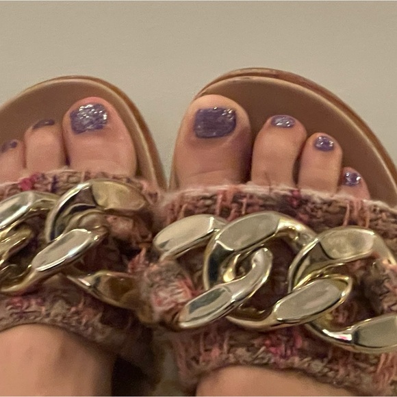 Steve Madden Delay Oversized chain link slides sandals-pink tweed women size 10 - Picture 6 of 13